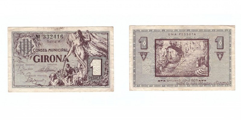 BILLETES. BILLETES LOCALES. BILLETES LOCALES. Girona, C.M. 1 Peseta. Abril 1937....