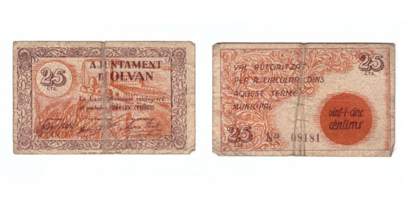 BILLETES. BILLETES LOCALES. BILLETES LOCALES. Olván (Barcelona), Ay. 25 Céntimos...