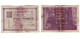 BILLETES. BILLETES LOCALES. BILLETES LOCALES. Ripoll del Valles (Barcelona), Ay. 1 Peseta. 21 Abril 1937. Pegado con celo, si no BC+.