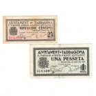 BILLETES. BILLETES LOCALES. BILLETES LOCALES. Tarragona, Ay. Lote de 2 billetes. 25 Céntimos y Peseta. 18 Mayo 1937. EBC/MBC+.
