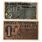 BILLETES. BILLETES LOCALES. BILLETES LOCALES. Terrassa (Barcelona), C.M. Lote de 2 billetes. 50 Céntimos y Peseta. Mayo 1937. Con sello en seco. MBC+/...