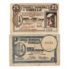 BILLETES. BILLETES LOCALES. BILLETES LOCALES. Torelló (Barcelona), C.M. Lote de 2 billetes. 25 Céntimos y Peseta. 1937. Algo sucios, si no MBC-/BC.
