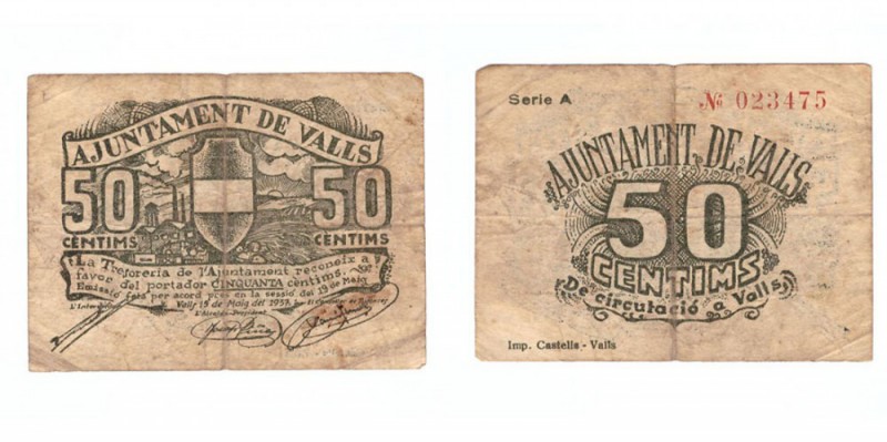 BILLETES. BILLETES LOCALES. BILLETES LOCALES. Valls (Tarragona), Ay. 50 Céntimos...