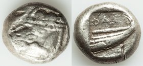 LYCIA. Phaselis. Ca. 530-500 BC. AR stater (19mm, 11.05 gm, 6h). Fine, test cuts. Prow of galley left in the form of a forepart of a boar, three shiel...