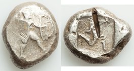 PAMPHYLIA. Aspendus. Ca. mid-5th century BC. AR stater (21mm, 10.29 gm, 12h). Fine, test cut, marks. Helmeted, nude hoplite advancing right, shield on...