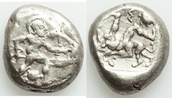 PAMPHYLIA. Aspendus. Ca. mid-5th century BC. AR stater (20mm, 10.99 gm, 7h). Fine, countermark. Helmeted hoplite warrior advancing right, shield in le...