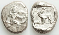 PAMPHYLIA. Aspendus. Ca. mid-5th century BC. AR stater (22mm, 10.63 gm, 12h). Fine, scratches. Helmeted hoplite advancing right, spear forward in righ...