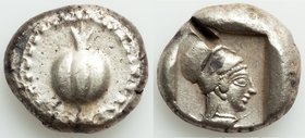 PAMPHYLIA. Side. Ca. 5th century BC. AR stater (20mm, 10.83 gm, 6h). VF, test cut. Ca. 430-400 BC. Pomegranate, guilloche beaded border / Head of Athe...