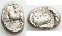 CILICIA. Celenderis. Ca. 425-350 BC. AR stater (22mm, 10.71 gm, 3h). VF, test cut. Persic standard, ca. 425-400 BC. Youthful nude male rider, reins in...