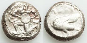 CILICIA. Mallus. Ca. 440-385 BC. AR stater (20mm, 10.95 gm, 8h). Fine. Bearded male, winged, in kneeling/running stance left, holding solar disk with ...