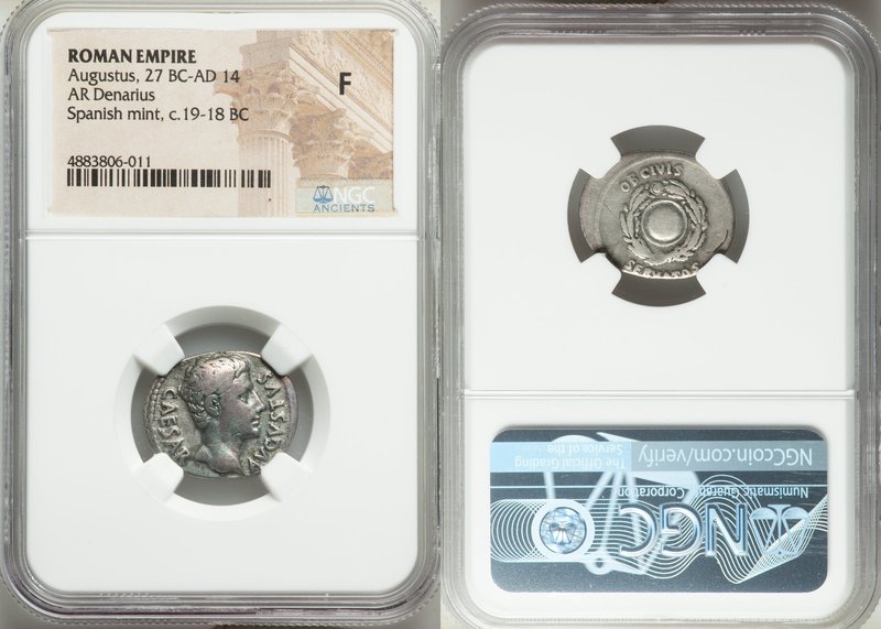 Augustus (27 BC-AD 14). AR denarius (20mm, 6h). NGC Fine. Spanish mint (Tarraco?...