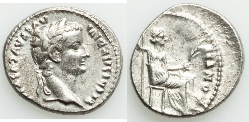Tiberius (AD 14-37). AR denarius (19mm, 3.70 gm, 7h). XF, scratch. Lugdunum. TI ...