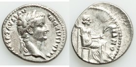 Tiberius (AD 14-37). AR denarius (19mm, 3.70 gm, 7h). XF, scratch. Lugdunum. TI CAESAR DIVI-AVG F AVGVSTVS, laureate head of Tiberius right / PONTIF M...