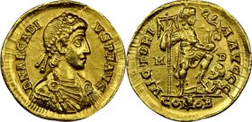 Arcadius, Eastern Roman Empire (AD 383-408). AV solidus (21mm, 4.40 gm, 1h). NGC Choice AU 5/5 - 3/5. Milan, AD 395-402. D N ARCADI-VS P F AVG, pearl-...