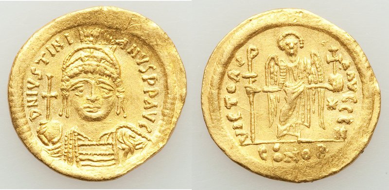 Justinian I the Great (AD 527-565). AV solidus (21mm, 4.39 gm, 6h). AU, graffiti...