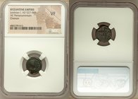 Justinian I the Great (AD 527-565). AE pentanummium (15mm, 6h). NGC VF. Cherson. D N IVSTI-NIANS, pearl-diademed, draped and cuirassed bust of Justini...