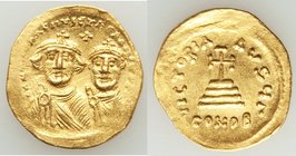 Heraclius (AD 610-641) and Heraclius Constantine. AV solidus (21mm, 4.37 gm, 7h). Choice VF. Constantinople, 3rd officina, ca. AD 616-625. d d N N hЄR...