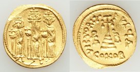 Heraclius (AD 610-641), with Heraclius Constantine and Heraclonas. AV solidus (20mm, 4.44 gm, 7h). XF, graffito. Constantinople, 4th officina, dated I...
