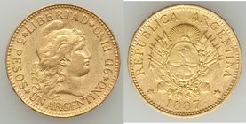 Republic gold 5 Pesos (Argentino) 1887 AU, KM31. AGW 0.2333 oz.

HID09801242017