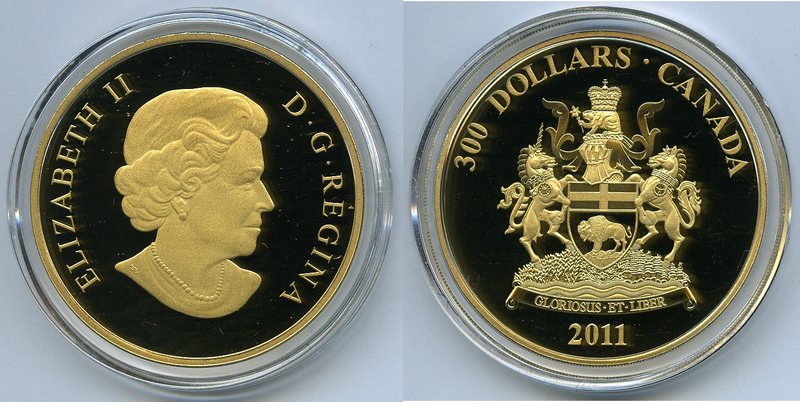 Elizabeth II gold Proof "Manitoba" 300 Dollars 2011, KM1095. 50mm. 60.00gm. Mint...