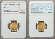 Russian Duchy. Alexander III gold 10 Markkaa 1882-S MS64 NGC, Helsinki mint, KM8.2. Crowned imperial double eagle holding orb and scepter / Denominati...