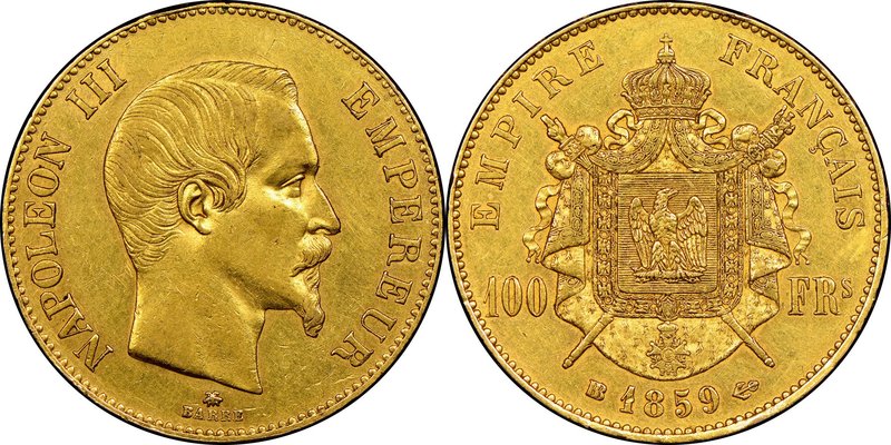 Napoleon III gold 100 Francs 1859-BB AU55 NGC, Strasbourg mint, KM786.2, Fr-570....