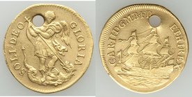 Charles II gold "Touch Piece" ND (1660-1685) About VF, MI-477/86, 23.1mm. 3.42gm. Obv. Archangel Michael spearing Satan. Rev. Sailing ship. Symbolical...