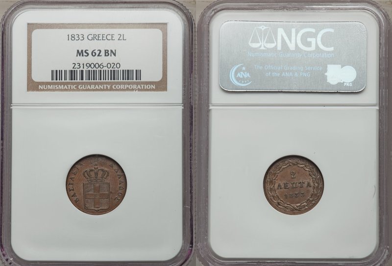 Othon 2 Lepta 1833 MS62 Brown NGC, KM114. 

HID09801242017