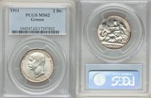 George I 2 Drachmai 1911-(a) MS62 PCGS, Paris mint, KM61. Classic design of Thetis seated on a sea horse holding the shield of Achilles. One-year type...