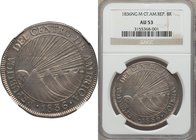 Central American Republic 8 Reales 1836 NG-M AU53 NGC, Guatemala City mint, KM4. Watery reflective surfaces and delicate silver toning combine to make...