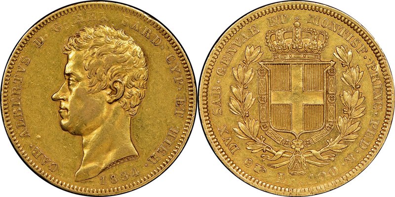 Sardinia. Carlo Alberto gold 100 Lire 1834 (Eagle)-P AU53 NGC, Turin mint, KM133...