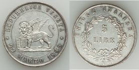 Venice. Provisional Government 5 Lire 1848 (cleaned), Venice mint, KM803, Dav-208, Pag-178. Mintage: 6,011. 37.6mm. 24.94gm. From the Allen Moretti Sw...