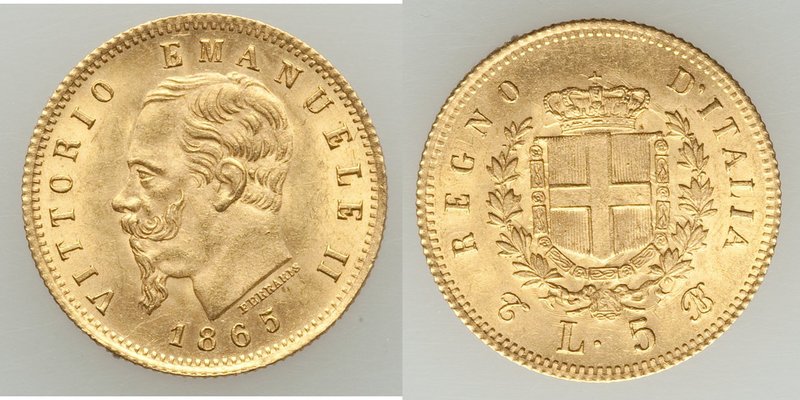 Vittorio Emanuele II 5 Lire 1865 T-NB UNC, Turin mint, KM17. 17.0mm. 1.63gm. AGW...