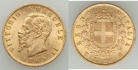 Vittorio Emanuele II gold 20 Lire 1869 T-BN AU, Turin mint, KM10.1. 21mm. 6.47gm. AGW 0.1869 oz.

HID09801242017