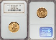 Wilhelmina gold 10 Gulden 1897 MS65 NGC, KM118. AGW 0.1947 oz.

HID09801242017