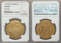 Charles III gold 8 Escudos 1774 LM-MJ Details (Clipped) NGC, Lima mint, KM82.1. 24.73gm. AGW 0.7841 oz.

HID09801242017