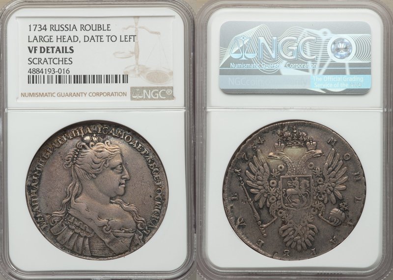 Anna Rouble 1734 VF Details (Scratches) NGC, Moscow mint, KM197, Dav-1673. Large...