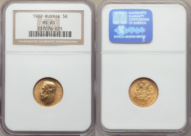 Nicholas II gold 5 Roubles 1902-AP MS65 NGC, St. Petersberg mint, KM-Y62. AGW 0....