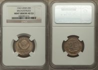 USSR Mint Error - Broadstruck 20 Kopecks 1943 AU53 NGC, KM-Y111. 

HID09801242017