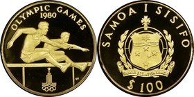 Republic gold Proof "Olympics" 100 Tala 1980 PR70 Ultra Cameo NGC, KM37. Mintage: 1,000. AGW 0.2211 oz.

HID09801242017