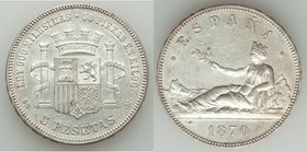 Provisional Government 5 Pesetas 1870 (70) SN-M AU, Madrid mint, KM655. From the Allen Moretti Swiss Collection

HID09801242017