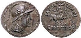GRECHE - RE BACTRIANI e INDO-GRECI - Eukradite (171-135 a.C.) - Tetradracma - Busto elmato a d. /R I Dioscuri a cavallo a d. Sear 7570 (AG g. 16,16) L...