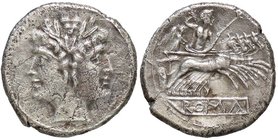 ROMANE REPUBBLICANE - ANONIME - Monete romano-campane (280-210 a.C.) - Quadrigato - Testa di Giano /R Giove in quadriga verso d.; ROMA, entro bordo re...
