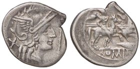ROMANE REPUBBLICANE - ANONIME - Monete con simboli o monogrammi (211-170 a.C.) - Denario - Testa di Roma a d., davanti, clava /R I Dioscuri a cavallo ...