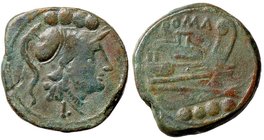 ROMANE REPUBBLICANE - ANONIME - Monete con simboli o monogrammi (211-170 a.C.) - Triente (Luceria) - Testa di Roma a d.; in alto quattro globetti, in ...