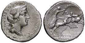 ROMANE REPUBBLICANE - ANNIA - C. Annius T. f. T. n. e L. Fabius L. f. Hispaniensis (82-81 a.C.) - Denario - Busto di Anna Perenna a d.; davanti, una b...