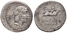 ROMANE REPUBBLICANE - CALPURNIA - L. Calpurnius Piso Frugi (90 a.C.) - Denario - Testa di Apollo a d. /R Cavaliere a s. regge una palma, sopra, triden...