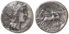 ROMANE REPUBBLICANE - CLAUDIA - C. Claudius Pulcher (110-109 a.C.) - Denario - Testa di Roma a d. /R La Vittoria su biga verso d. B. 1; Cr. 300/1 (AG ...