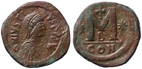 BIZANTINE - Giustino I (518-527) - Follis - Busto diademato e drappeggiato a d. /R Grande M tra stella e croce Ratto 397; Sear 63 (AE g. 16,44)
qBB/B...