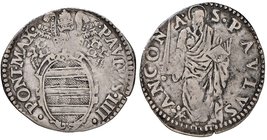 ZECCHE ITALIANE - ANCONA - Paolo IV (1555-1559) - Giulio - Stemma sormontato da chiavi decussate e tiara /R San Paolo stante con libro aperto CNI 72; ...